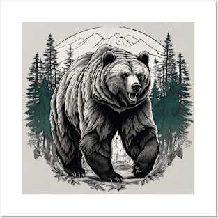 Vintage Tattoo Art Wild Life Wilderness Foest Grizzly Bear Posters and Art